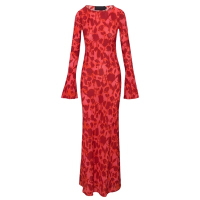 度假风玫瑰印花喇叭袖长裙鱼尾裙