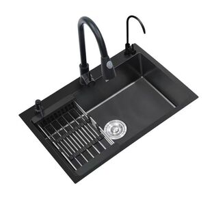 厨房304不锈钢水槽单槽手工加厚台下盆洗菜池家用纳米黑色大单盆