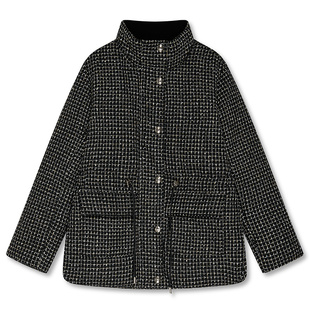 DKNY唐可娜儿秋冬女装保暖外套时尚复古粗花呢收腰通勤羽绒服上衣