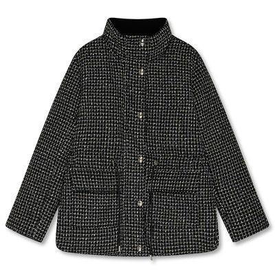 DKNY唐可娜儿秋冬女装保暖外套时尚复古粗花呢收腰通勤羽绒服上衣