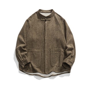 中式改良唐装中国风男装毛呢长袖衬衫复古茶服大码中山装夹克外套