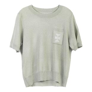 诗梦女装26夏季豆绿色圆领宽松短袖几何口袋针织衫休闲百搭短上衣