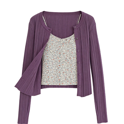 omixed韩系复古紫色针织开衫修身显瘦叠穿内搭打底背心两件套