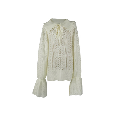 迟伞伞翻领镂空系带钩花针织衫