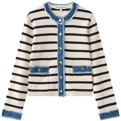 【曾黎同款】MOP25秋季女士新品设计感圆领条纹短小香风针织开衫