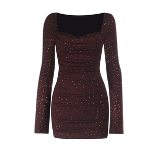 小可wiwi法式亮闪兜兜长袖连衣裙女气质性感宴会年会晚礼服包臀裙