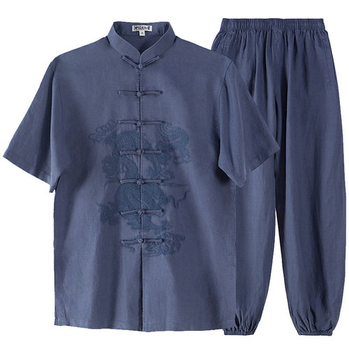 古韵中华亚麻短袖刺绣太极服男夏季太极拳练功服武术长袖高档春秋