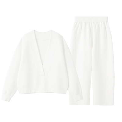 空气层大V领设计弯刀裤休闲套装