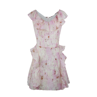 迟伞伞 Rose prick 虞美人晕染花瓣荷叶边短裙v领小飞袖连衣裙