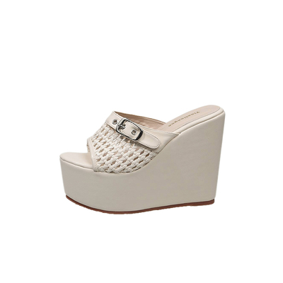 13CM坡跟超高跟凉鞋防水台松糕厚底皮带扣鱼嘴拖鞋小个子增高女鞋