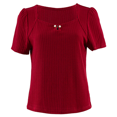 国风红显瘦针织T恤复古方形领