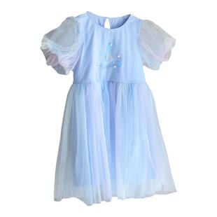 140-150码~夏装女童小公主纱裙浅蓝色人鱼尾珍珠装饰泡泡袖连衣裙