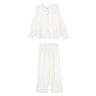 JoyceBra  可爱花边娃娃领波点睡衣女春季纯棉亲肤甜美家居服套装