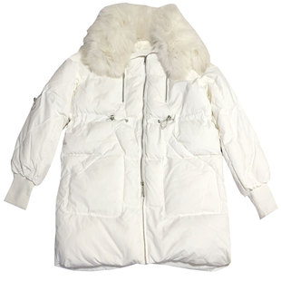 LOUISA狐狸大毛领羽绒服女装冬季2025新款白色中长款收腰仙女外套