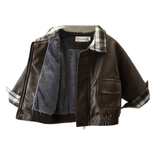 男童冬季加绒皮衣外套2025新款复古拼接风翻领夹克儿童韩版冬装潮