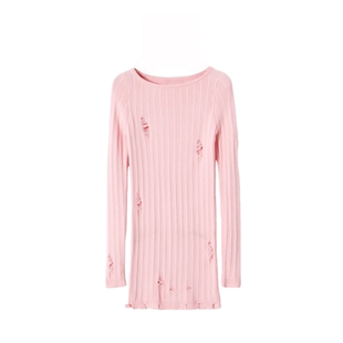 秋冬季 粉色破洞竖纹针织连衣裙女 修身显瘦潮酷个性中长款毛衣