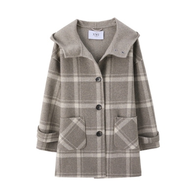 XWI欣未知性优雅格子连帽毛呢外套女冬季休闲百搭显瘦双面呢大衣