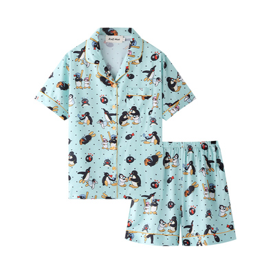 侘町2024新款pingu薄荷曼波冰丝短袖睡衣女夏季卡通家居服套装