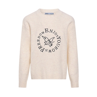 LILY2025冬新款女装艺术感撞色小鸟绣花软糯圆领米白色针织衫毛衣