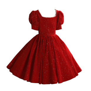 女童中国风礼服红色儿童主持人生日旗袍新年公主裙女孩演出服冬季