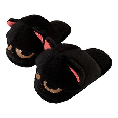 细细条ins大眼睛黑猫棉拖鞋