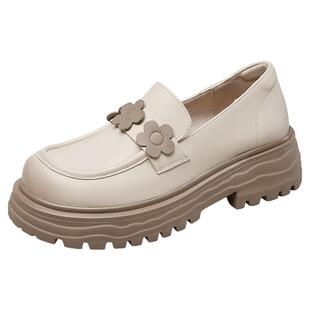 意尔康女鞋春秋季休闲粗跟单鞋女士英伦风真皮乐福鞋厚底小皮鞋