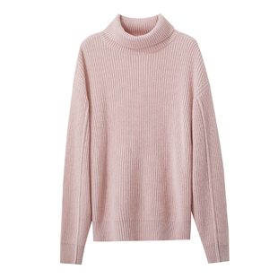 Amii2025冬新款通勤高领落肩袖珠地工艺毛衣女多巴胺色系宽松上衣