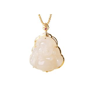 凤飞凰和田玉藕粉佛公吊坠女款18k金镶挂件高级感锁骨链玉石笑佛