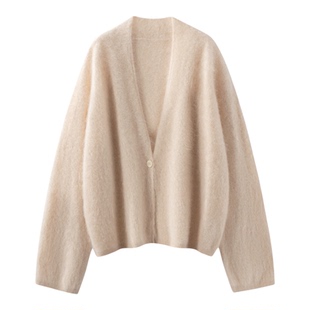 秋冬季拉绒V领100%纯山羊绒开衫女轻奢气质时尚休闲简约毛衣外套