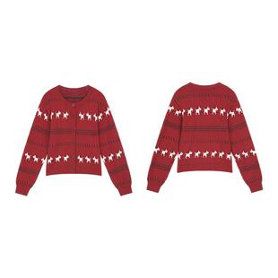 妖精的口袋原创鬼马费尔岛提花红色毛衣女2026冬季新款设计感上衣