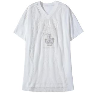 谜底连衣裙短袖女2025夏浪漫波嬉风绣花T恤裙宽松H型裙252ML0641