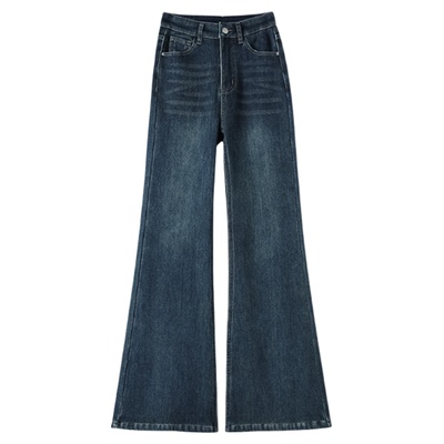 复古深蓝加绒不贴腿微喇牛仔裤冬