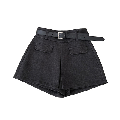 假口袋高腰显瘦毛呢短裤靴裤