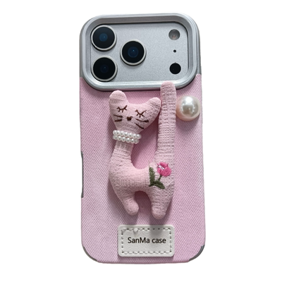 粉色立体猫咪珍珠手机壳牛仔布