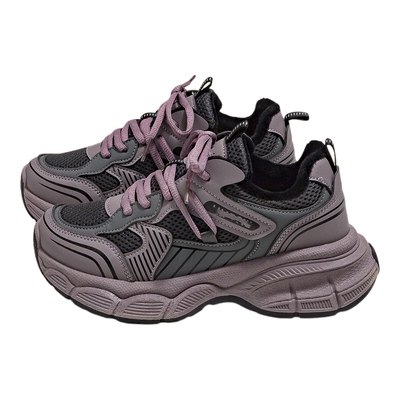 紫色老爹鞋女款2025新款秋冬加绒休闲鞋子爆款厚底百搭运动鞋