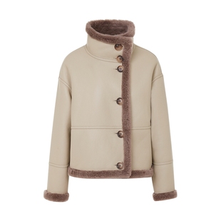 朗姿集团LIME莱茵绵羊毛翻毛大衣短大衣深米色AB面可反穿25冬新