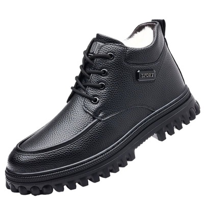 冬季加绒保暖棉皮鞋男士真皮中老年软底防滑爸爸鞋纯羊毛加厚棉鞋