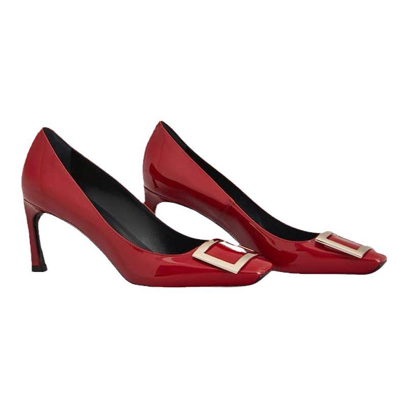 Roger Vivier/罗杰·维维亚女鞋漆皮鞋面方形鞋尖金属饰扣高跟鞋