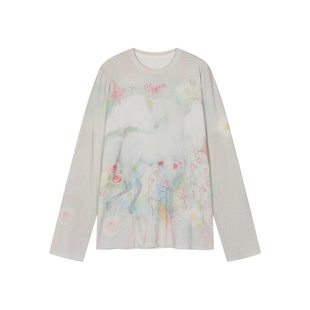 亲妈~2026春新设计师款彩绘飞马长袖T恤上衣