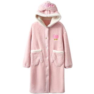 【暖暖绒】红豆珊瑚绒情侣睡袍冬季连帽睡衣女长款保暖加厚家居服