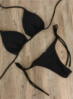 白红蓝黑色挂脖bikini比基尼性感泳衣女式内衣绑带泳装三点式套装