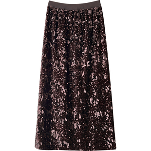 法式洋气质重工钉珠亮片丝绒半身裙女秋冬miu系包臀闪闪a字直筒裙