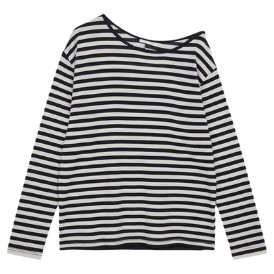 CLIMAX VISION轻盈凉爽天丝亚麻斜肩罩衫T恤女装慵懒宽松条纹长袖