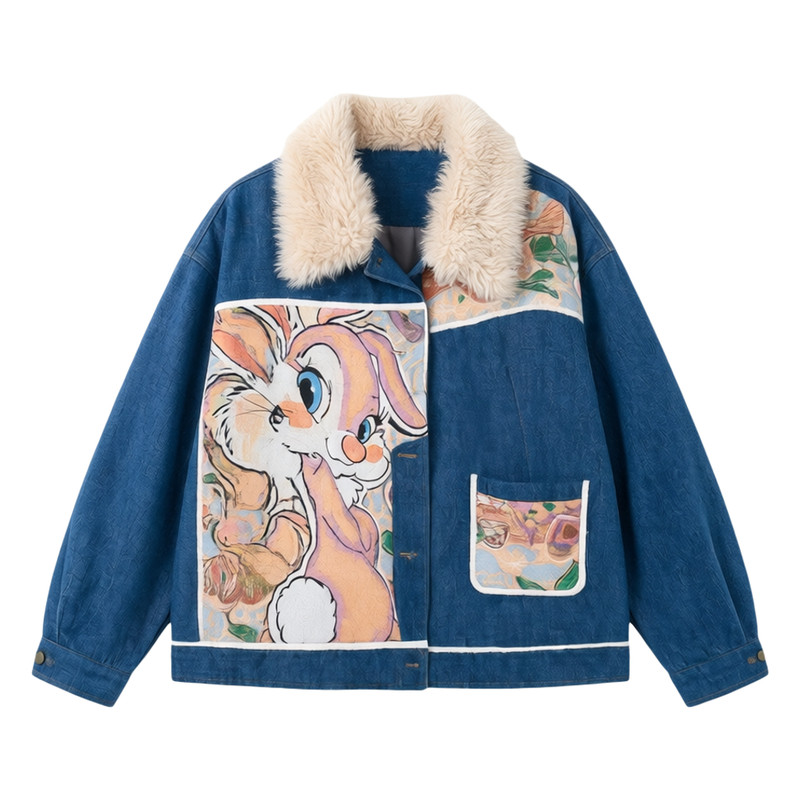 LUM 蓝色羊羔毛领卡通牛仔派克服女冬季2026新款加绒加厚棉服外套