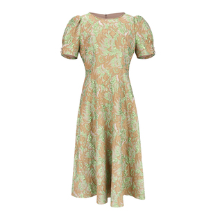 阿丹娜夏季新款女绿色闪葱提花连衣裙子收腰公主袖官方旗舰店正品