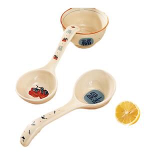 高颜值平安喜乐陶瓷大汤勺家用大号长柄勺子盛汤调羹舀稀饭粥勺