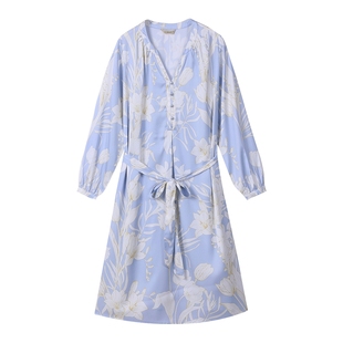 秋鹿仿真丝睡裙夏季女九分袖V领简约印花连衣裙中长款南韩丝裙子