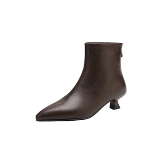 法式羊毛保暖猫跟短靴女真皮小跟细跟瘦瘦单靴加绒加厚尖头雪地靴