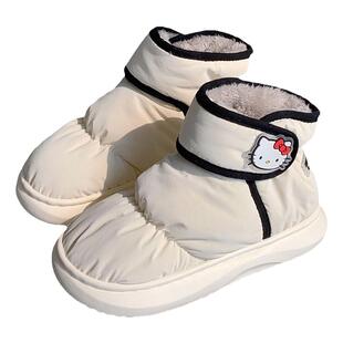 细细条 可爱HelloKitty凯蒂猫防水面包棉鞋女冬外穿魔术贴雪地靴