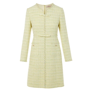 LIME莱茵年早春新款粗花呢连衣裙柠檬黄色新中式收腰小香风裙子